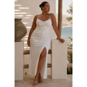 MESHKI White Cowl Neck Lace Up Corset Midi Dress Side Slit  Large
